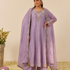 Women's Embroidered Simmer Silk Kurti Palazzo Set With Cotton Chanderi Dupatta