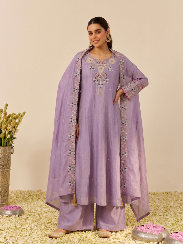 Women's Embroidered Simmer Silk Kurti Palazzo Set With Cotton Chanderi Dupatta