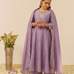 Women's Embroidered Simmer Silk Kurti Palazzo Set With Cotton Chanderi Dupatta