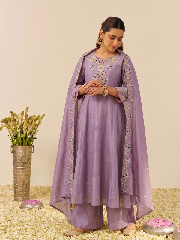 Women's Embroidered Simmer Silk Kurti Palazzo Set With Cotton Chanderi Dupatta