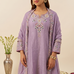 Women's Embroidered Simmer Silk Kurti Palazzo Set With Cotton Chanderi Dupatta