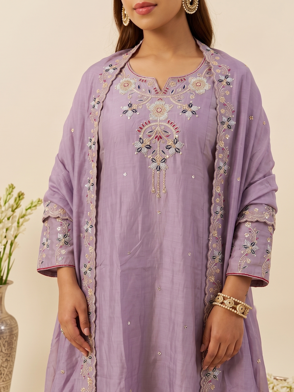 Women's Embroidered Simmer Silk Kurti Palazzo Set With Cotton Chanderi Dupatta
