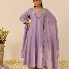 Women's Embroidered Simmer Silk Kurti Palazzo Set With Cotton Chanderi Dupatta