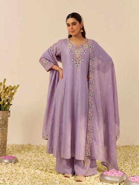 Women's Embroidered Simmer Silk Kurti Palazzo Set With Cotton Chanderi Dupatta