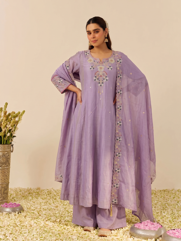 Women's Embroidered Simmer Silk Kurti Palazzo Set With Cotton Chanderi Dupatta