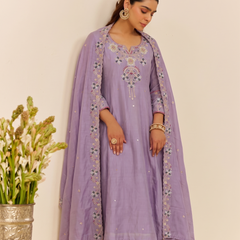 Women's Embroidered Simmer Silk Kurti Palazzo Set With Cotton Chanderi Dupatta