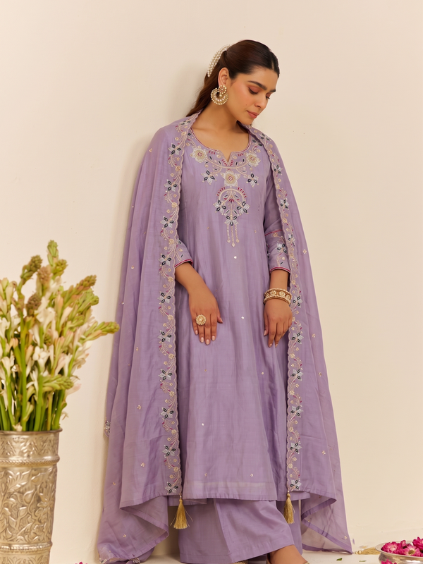Women's Embroidered Simmer Silk Kurti Palazzo Set With Cotton Chanderi Dupatta