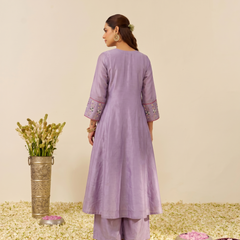 Women's Embroidered Simmer Silk Kurti Palazzo Set With Cotton Chanderi Dupatta