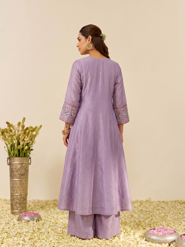 Women's Embroidered Simmer Silk Kurti Palazzo Set With Cotton Chanderi Dupatta