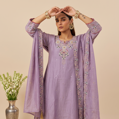 Women's Embroidered Simmer Silk Kurti Palazzo Set With Cotton Chanderi Dupatta