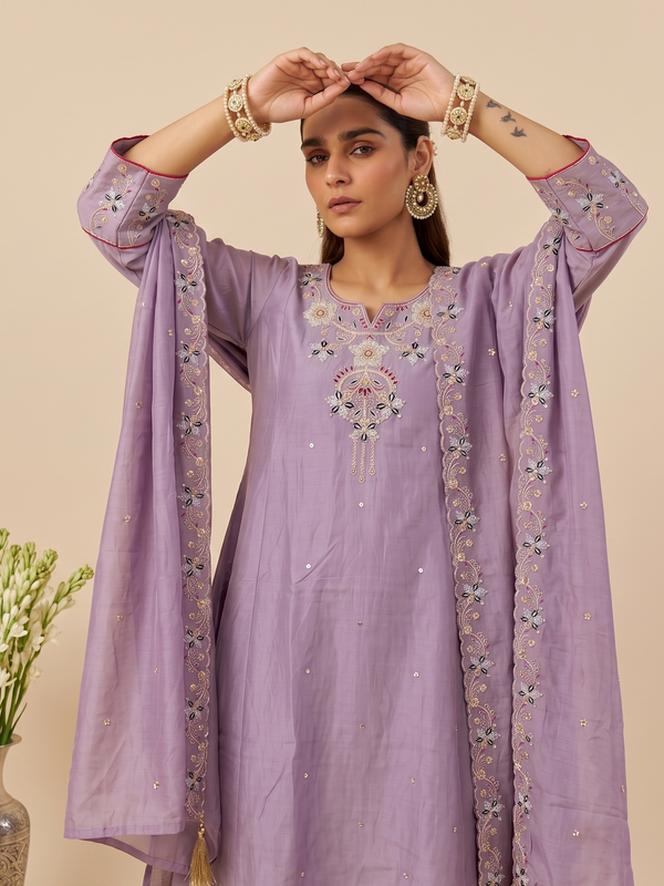 Women's Embroidered Simmer Silk Kurti Palazzo Set With Cotton Chanderi Dupatta