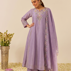 Women's Embroidered Simmer Silk Kurti Palazzo Set With Cotton Chanderi Dupatta