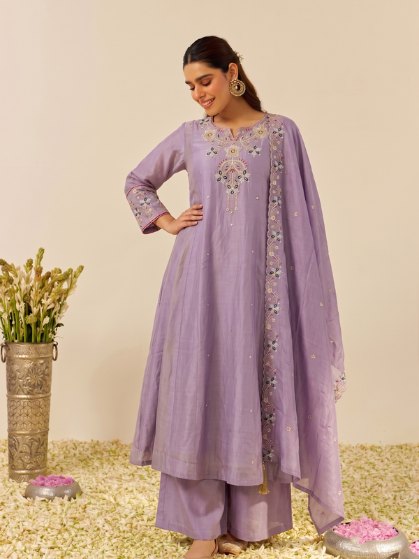 Women's Embroidered Simmer Silk Kurti Palazzo Set With Cotton Chanderi Dupatta