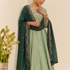 Women's Embroidered Simmer Silk Kurti Palazzo Set With Cotton Chanderi Dupatta