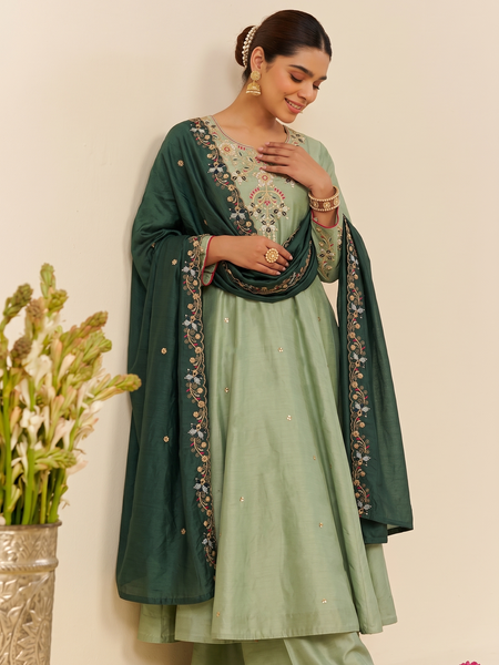Women's Embroidered Simmer Silk Kurti Palazzo Set With Cotton Chanderi Dupatta