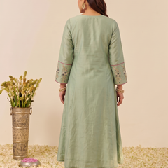 Women's Embroidered Simmer Silk Kurti Palazzo Set With Cotton Chanderi Dupatta