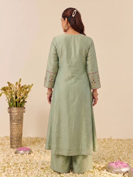 Women's Embroidered Simmer Silk Kurti Palazzo Set With Cotton Chanderi Dupatta