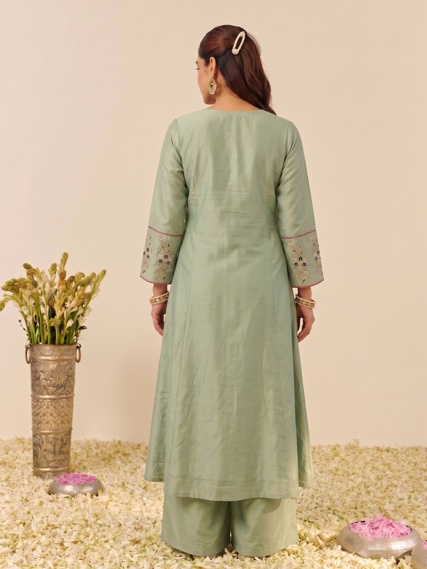 Women's Embroidered Simmer Silk Kurti Palazzo Set With Cotton Chanderi Dupatta