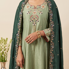 Women's Embroidered Simmer Silk Kurti Palazzo Set With Cotton Chanderi Dupatta