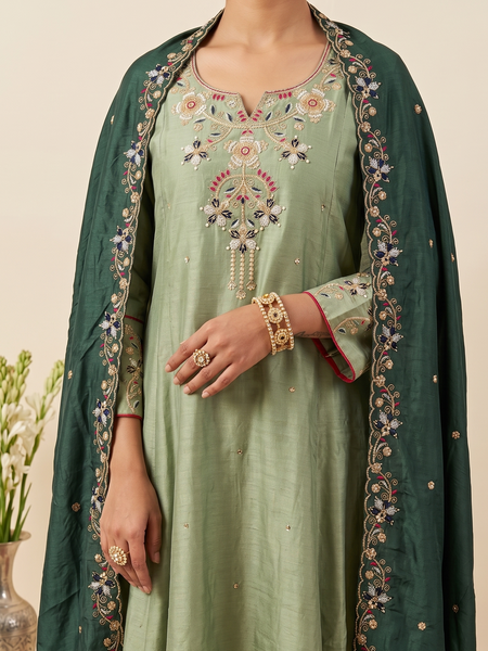 Women's Embroidered Simmer Silk Kurti Palazzo Set With Cotton Chanderi Dupatta