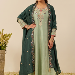 Women's Embroidered Simmer Silk Kurti Palazzo Set With Cotton Chanderi Dupatta