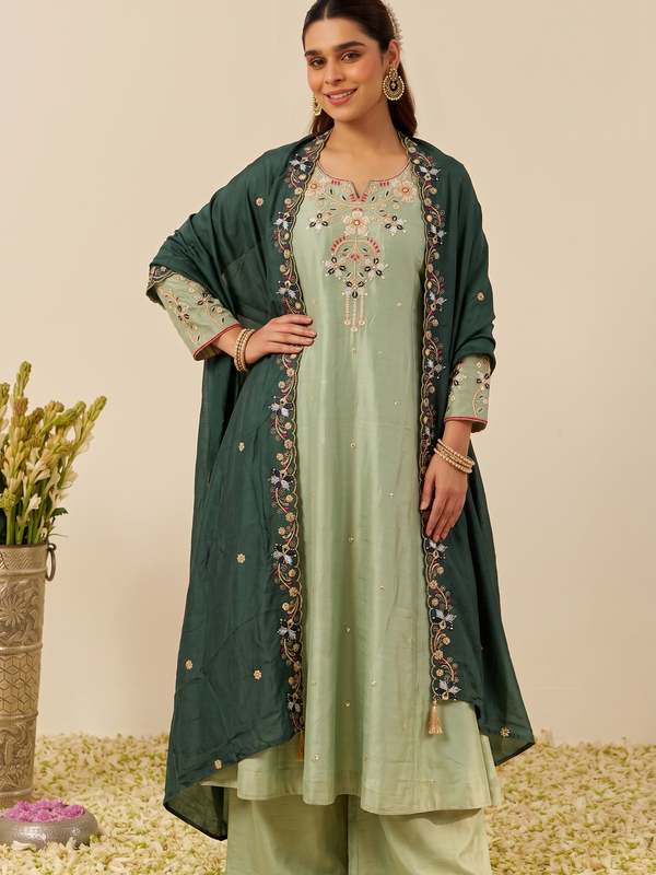 Women's Embroidered Simmer Silk Kurti Palazzo Set With Cotton Chanderi Dupatta