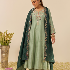 Women's Embroidered Simmer Silk Kurti Palazzo Set With Cotton Chanderi Dupatta