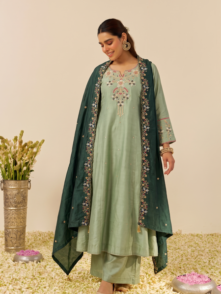 Women's Embroidered Simmer Silk Kurti Palazzo Set With Cotton Chanderi Dupatta