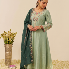 Women's Embroidered Simmer Silk Kurti Palazzo Set With Cotton Chanderi Dupatta