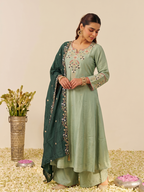 Women's Embroidered Simmer Silk Kurti Palazzo Set With Cotton Chanderi Dupatta