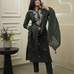 Women's Rayon Slub Embroidered Kurta with Pant & Chanderi Cotton Dupatta Set