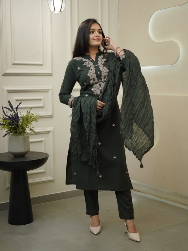 Women's Rayon Slub Embroidered Kurta with Pant & Chanderi Cotton Dupatta Set