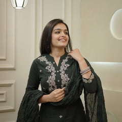 Women's Rayon Slub Embroidered Kurta with Pant & Chanderi Cotton Dupatta Set