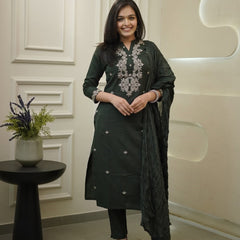 Women's Rayon Slub Embroidered Kurta with Pant & Chanderi Cotton Dupatta Set