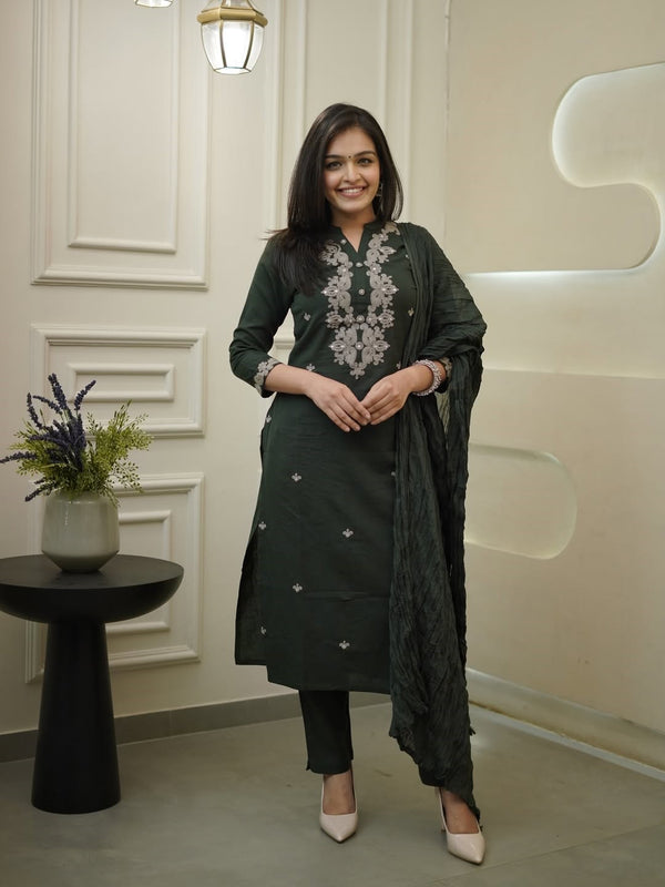 Women's Rayon Slub Embroidered Kurta with Pant & Chanderi Cotton Dupatta Set