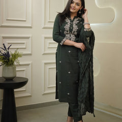 Women's Rayon Slub Embroidered Kurta with Pant & Chanderi Cotton Dupatta Set