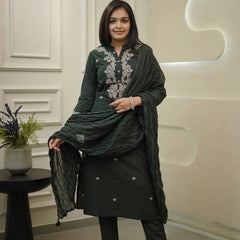 Women's Rayon Slub Embroidered Kurta with Pant & Chanderi Cotton Dupatta Set