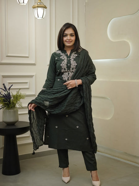 Women's Rayon Slub Embroidered Kurta with Pant & Chanderi Cotton Dupatta Set