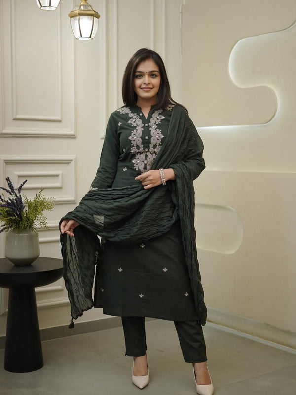 Women's Rayon Slub Embroidered Kurta with Pant & Chanderi Cotton Dupatta Set