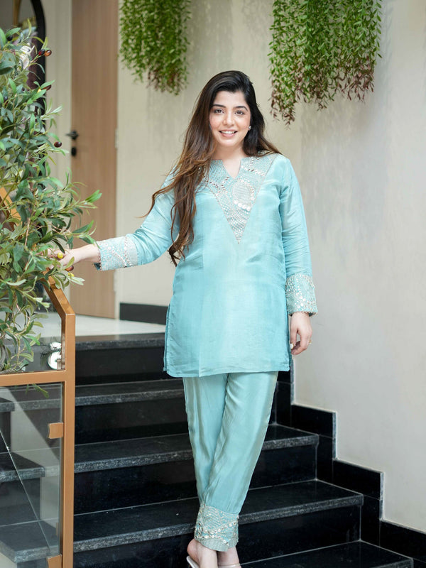 Women's Simmar Silk Mirror & Sequence Embroidered Kurta Palazzo Set