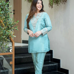 Women's Simmar Silk Mirror & Sequence Embroidered Kurta Palazzo Set