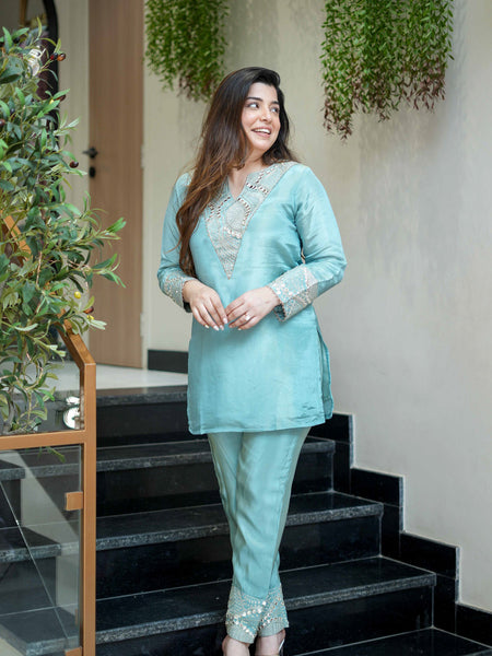 Women's Simmar Silk Mirror & Sequence Embroidered Kurta Palazzo Set