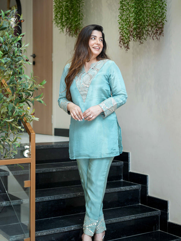Women's Simmar Silk Mirror & Sequence Embroidered Kurta Palazzo Set