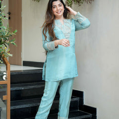 Women's Simmar Silk Mirror & Sequence Embroidered Kurta Palazzo Set