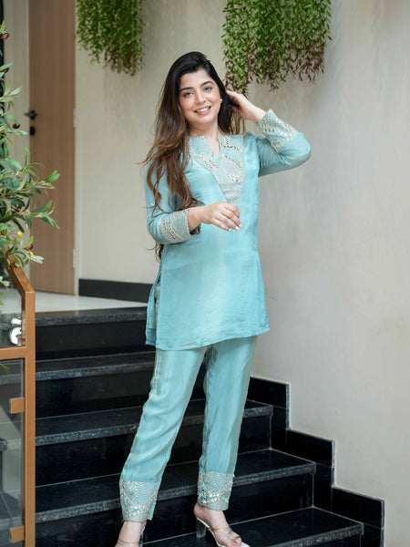 Women's Simmar Silk Mirror & Sequence Embroidered Kurta Palazzo Set