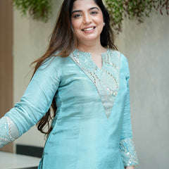 Women's Simmar Silk Mirror & Sequence Embroidered Kurta Palazzo Set