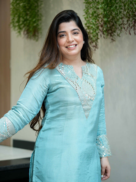 Women's Simmar Silk Mirror & Sequence Embroidered Kurta Palazzo Set
