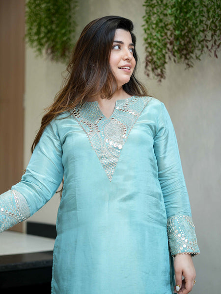 Women's Simmar Silk Mirror & Sequence Embroidered Kurta Palazzo Set