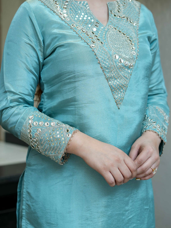 Women's Simmar Silk Mirror & Sequence Embroidered Kurta Palazzo Set