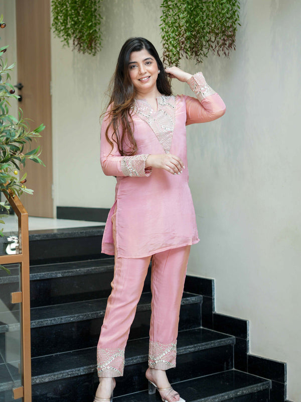 Women's Simmar Silk Mirror & Sequence Embroidered Kurta Palazzo Set